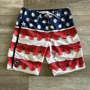 O’Neill Board Shorts Mens 34x11" Beer Pong Red White Blue USA Swim Trunks Pocket